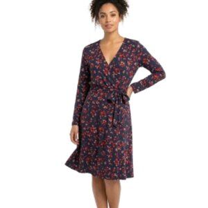 LOFT Belted Midi Dress Wrap Style Back Zip, LS V-Neck, Career Floral Navy, sz 4